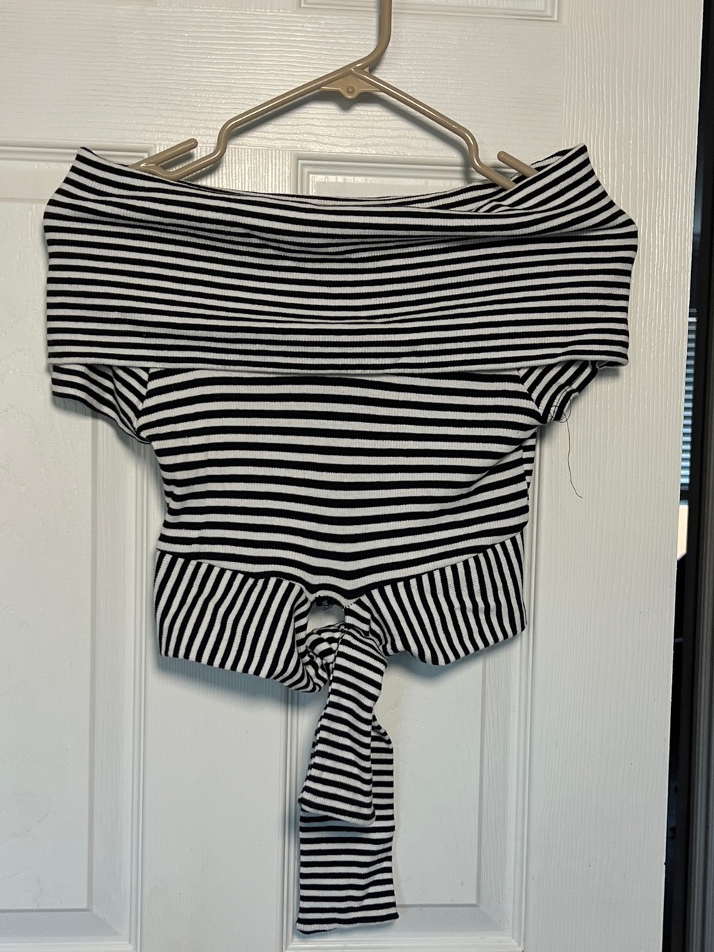 Black & White off shoulder Crop Top | Tie Front | Fold-Over Neckline